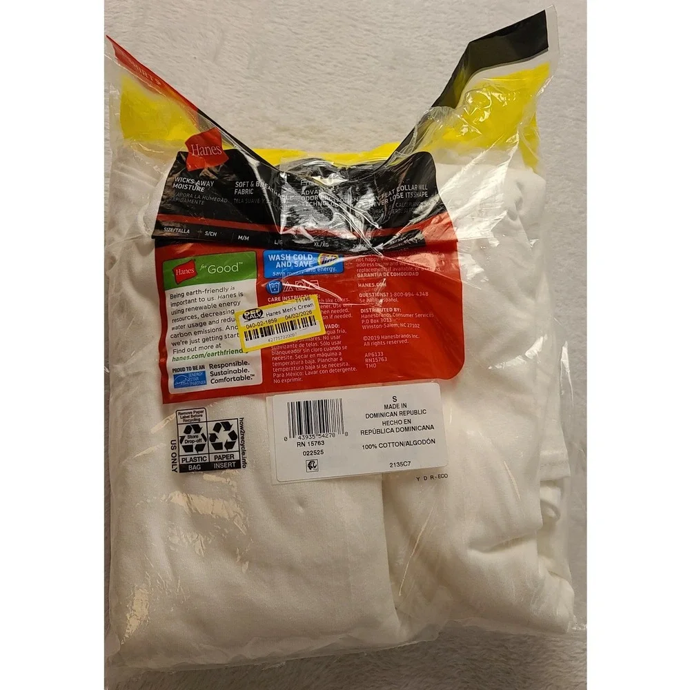 Hanes Men's 7 Pack Tagless Crew Neck T-Shirts White Cotton T-Shirt Size S NWT